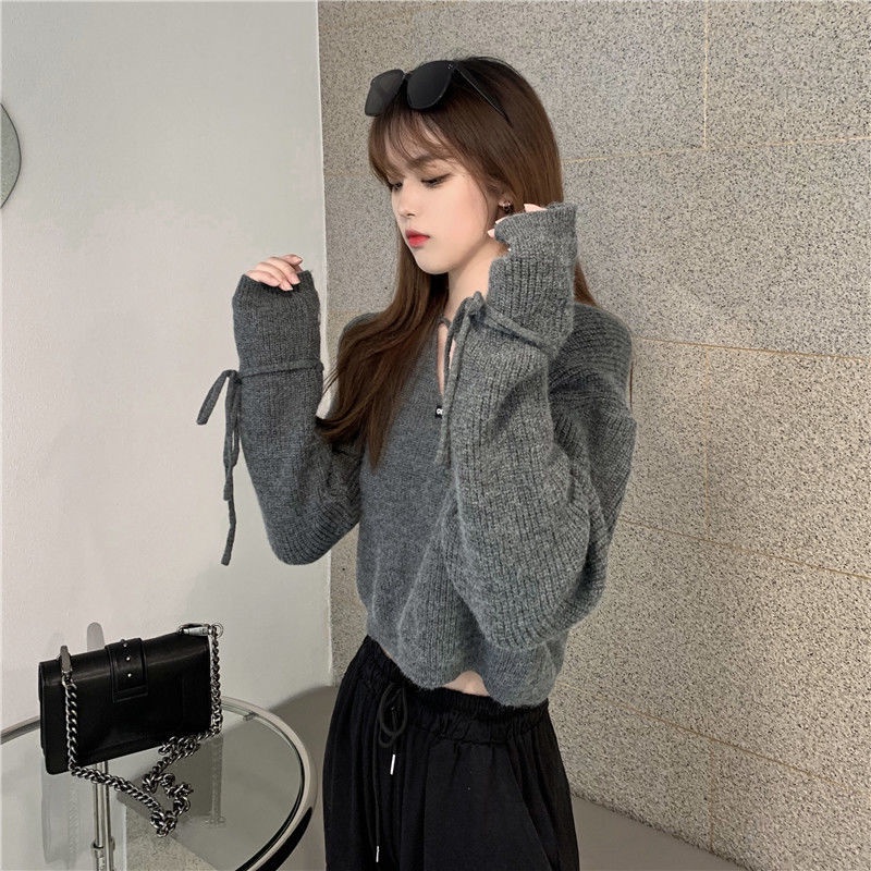 Áo Nữ Dệt Kim Tay Dài Cổ Chữ V Thời Trang Cá Tính