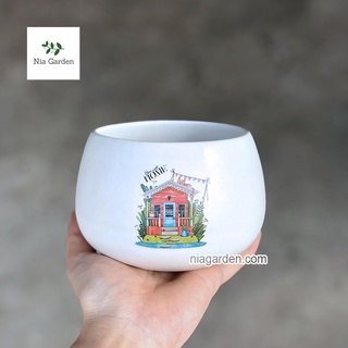Chậu gốm sứ hạt dẻ nhỏ in hình - N2