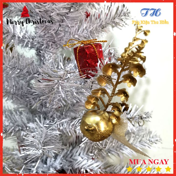 Cây thông noel mini để bàn 51cm màu trắng bạc đế nhựa bọc vải đỏ trang trí giáng sinh cho phòng khách, phòng ngủ