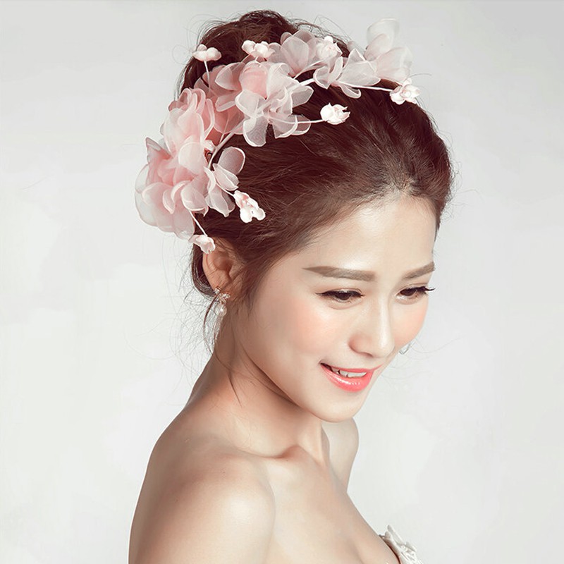 Kẹp tóc trang trí hoa bằng vải chiffon màu hồng cho nữ