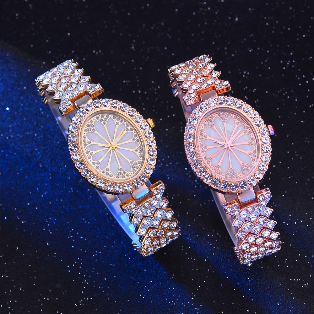 Đồng hồ quartz dây thép không gỉ mặt hình bông hoa đính đá thời trang sang trọng cho nữ