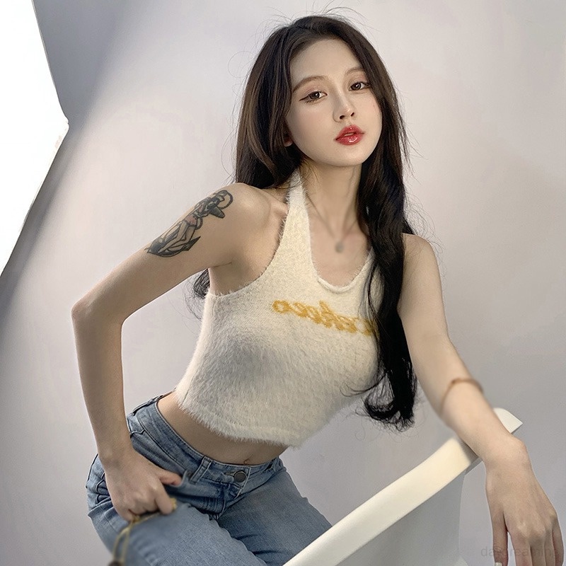 Áo Croptop Lông Cừu Hai Dây Dáng Ôm Hở Lưng Gợi Cảm Cho Nữ