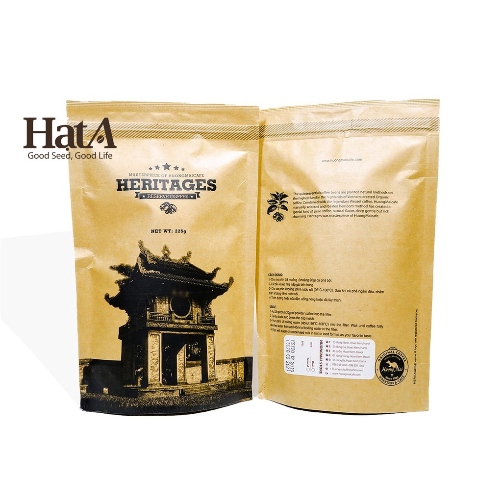 Cà phê chồn cao cấp Heritages Coffee Kraft Bag Hương Mai Cafe 100% hạt Robusta nguyên chất 225gr
