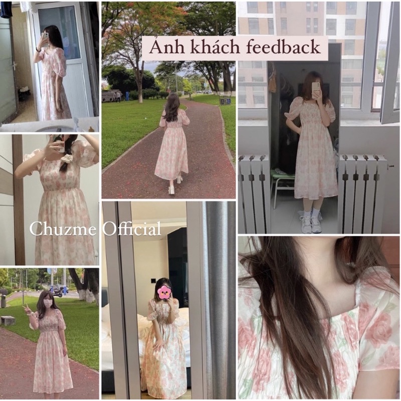 Đầm hoa nhí vintage tiểu thư ROSIE dáng dài nhún ngực hoa hồng