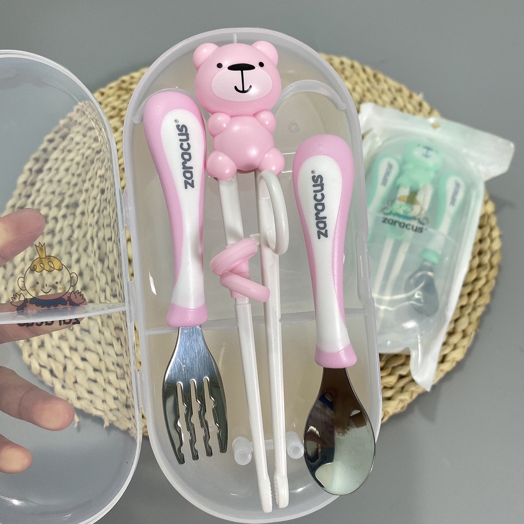 Bộ 4 món thìa, dĩa và đũa xỏ ngón inox hình thú kèm hộp đựng cho bé tập ăn