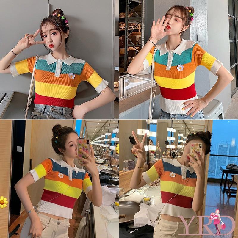Áo thun polo nữ kẻ sọc cổ bẻ màu sắc ngọt ngào | BigBuy360 - bigbuy360.vn