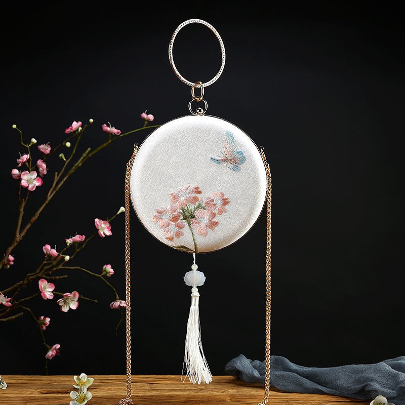 Túi đeo chéo/ đeo vai dạng tròn nhỏ thêu họa tiết phong cách Trung Hoa thời trang cho nữ