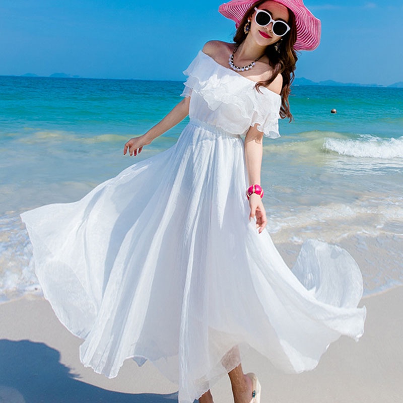 IELGYĐầm Voan Trắng Dáng Dài Cổ Một Hàng Nút Nhấn Eo Phong Cách Hàn Quốc Thời Trang Đi Biển Cho Nữ