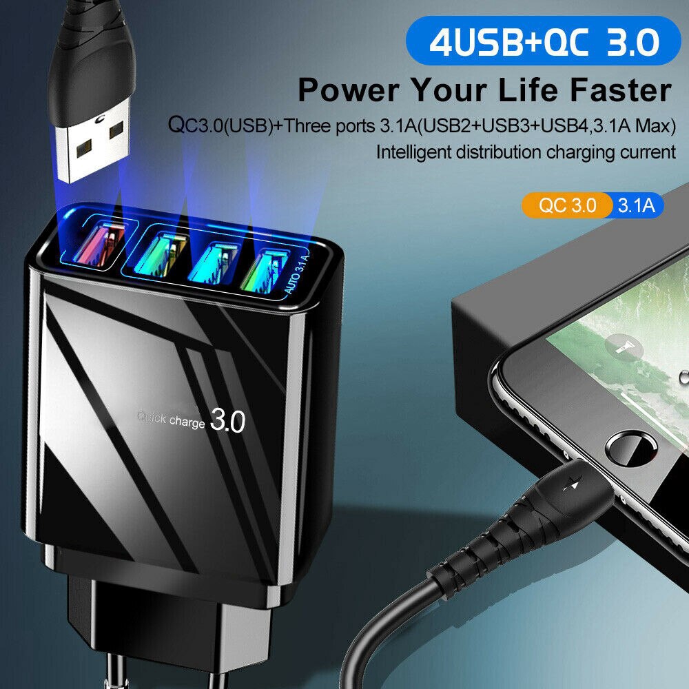 4 Ports QC3.0 Fast Quick Charge USB Charger Power Adapter US EU UK Plug