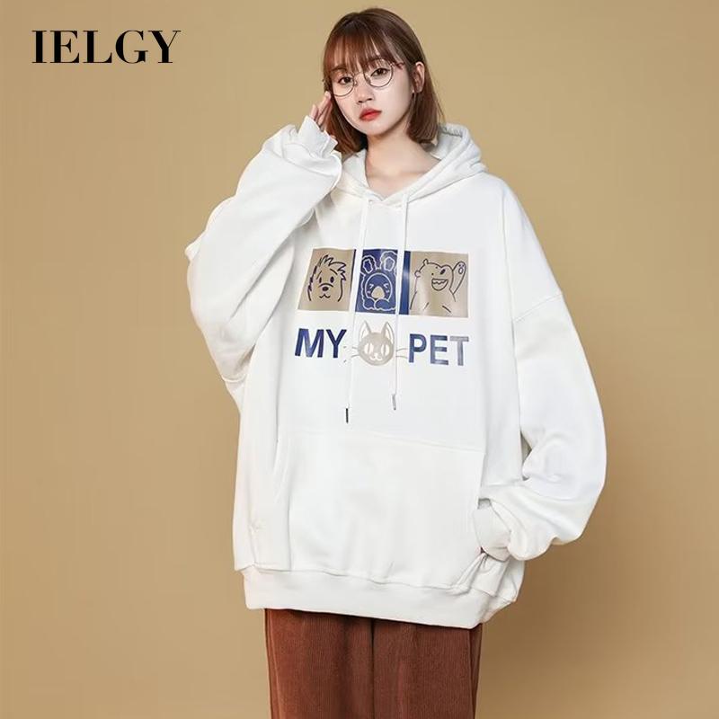 IELGY     Áo Hoodie Dáng Rộng In Họa Tiết Hoạt Hình Phong Cách Hàn Quốc Cho Nữ