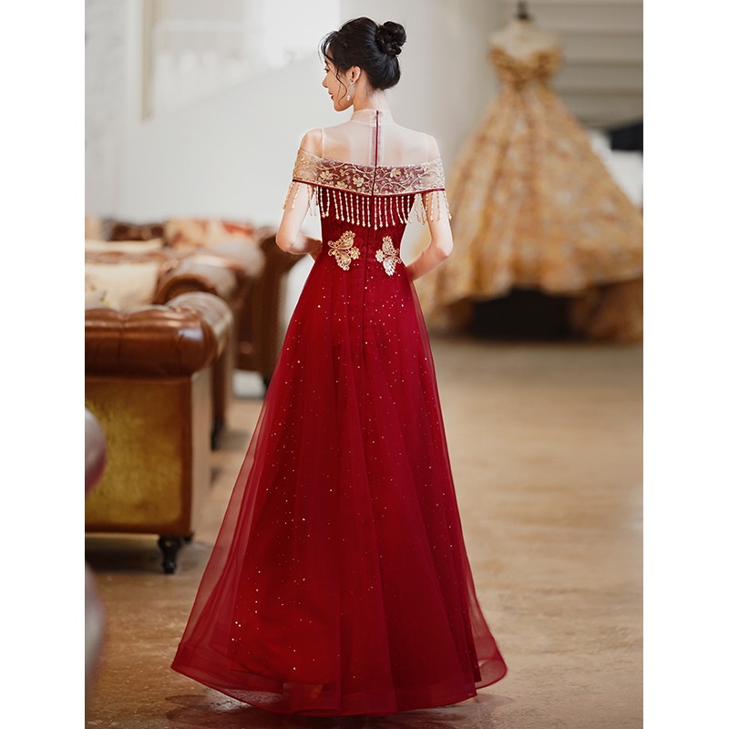 Đầm Dự Tiệc Dáng Dài Màu Đỏ Phong Cách Trung Hoa Mới