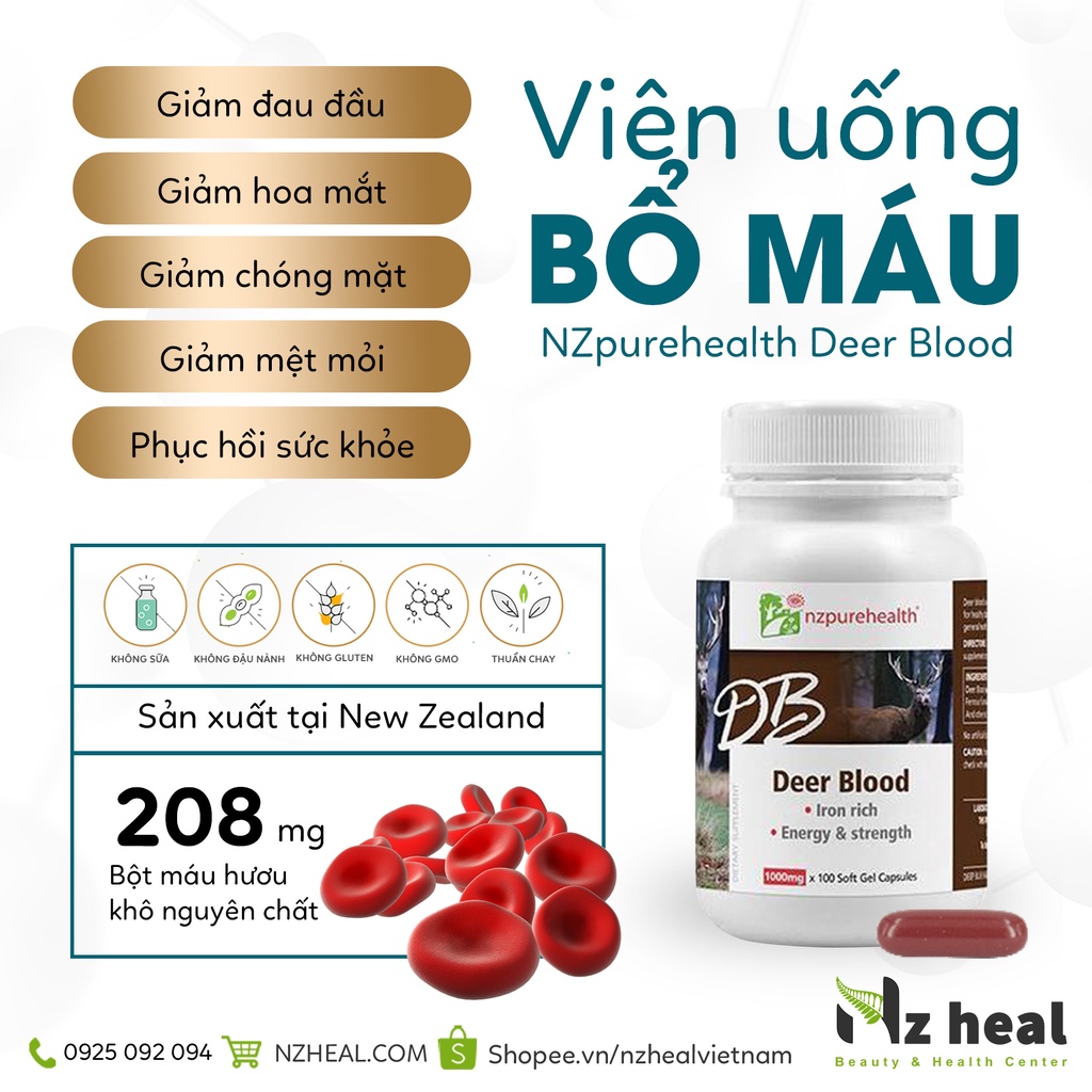 [Hỏa tốc] Viên bổ máu, cấp sắt từ Máu hươu Nzpurehealth Deer Blood (30 viên/ 100 viên)