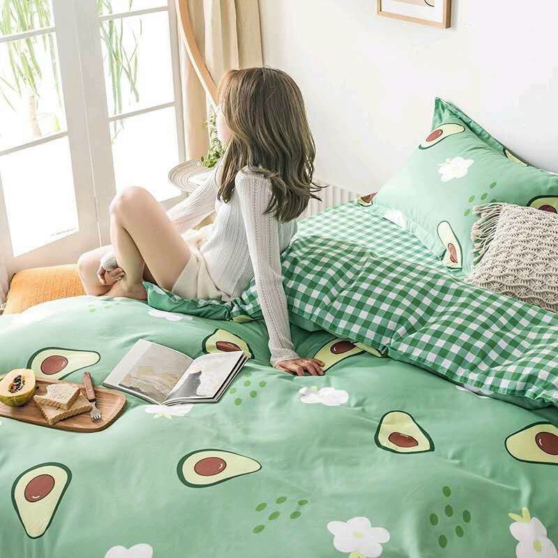 Bộ chăn ga gối Cotton poly M2T Bedding Quả bơ xanh, vỏ chăn mền, drap nệm và 2 vỏ gối