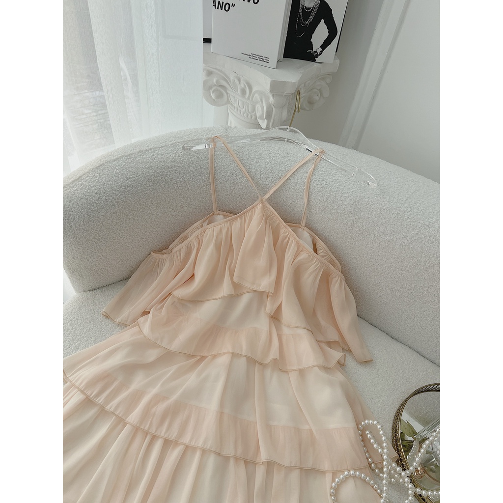 Đầm voan nude cổ yếm rớt vai tầng  💖 KÈM ẢNH THẬT