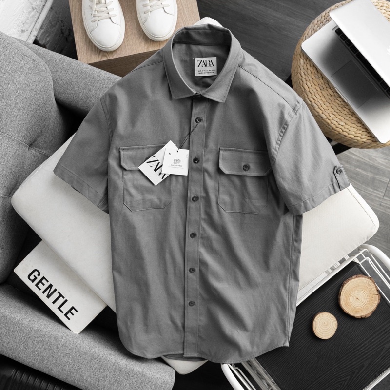 SƠMI KAKI TÚI HỘP CỘC TAY ZARA VẢI DƯ VNXK DÁNG SUÔNG