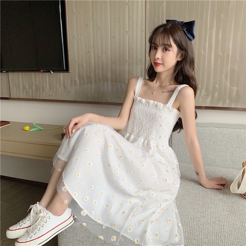 Xiaozhainv Đầm hai dây phối lưới họa tiết hoa xinh xắn thời trang | BigBuy360 - bigbuy360.vn