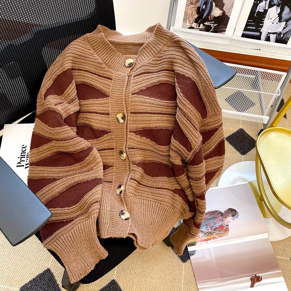 Áo Khoác Cardigan Dệt Kim Họa Tiết Kẻ Sọc Thời Trang Mùa Thu Cho Nữ