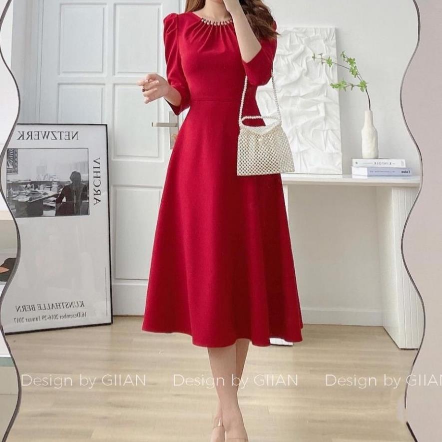 ঔৣ Váy đỏ đầm xòe dự tiệc đỏ xinh mặc Tết N130 thiết kế cổ V tay cánh dơi mới lạ cá tính ấn tượng mạnh mẽ khi đi tiệc ঔৣ