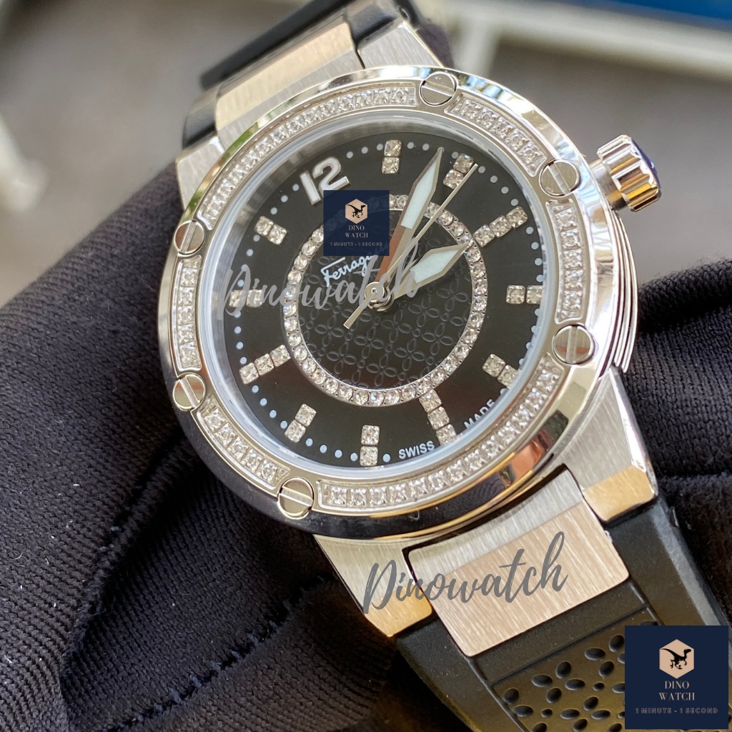 Đồng Hồ Nữ Ferragamo F80 Classic Dây Cao Su Màu Đen - Viền Đính Đá - Size 33mm - Máy Quartz