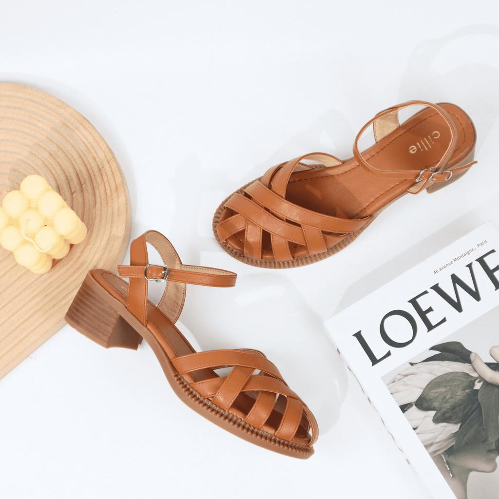 Giày sandal nữ mũi rọ đan dây gót vuông cao 5cm 1067
