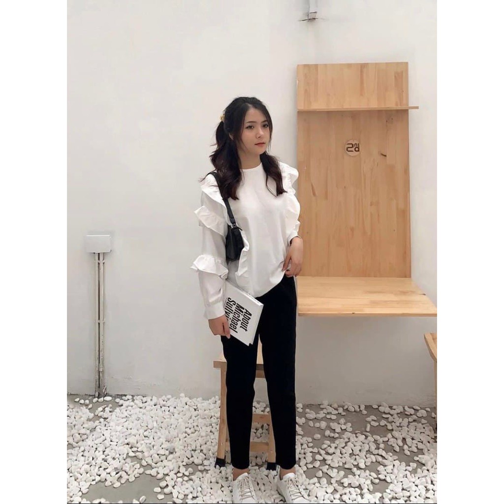 A054 Áo Sơ Mi  không cổ Nữ Bánh Bèo Tay Bồng Hot Girl, Áo Tiểu Thư Trắng Tay Bèo Tầng Ulzzang Phong Cách Hàn Quốc