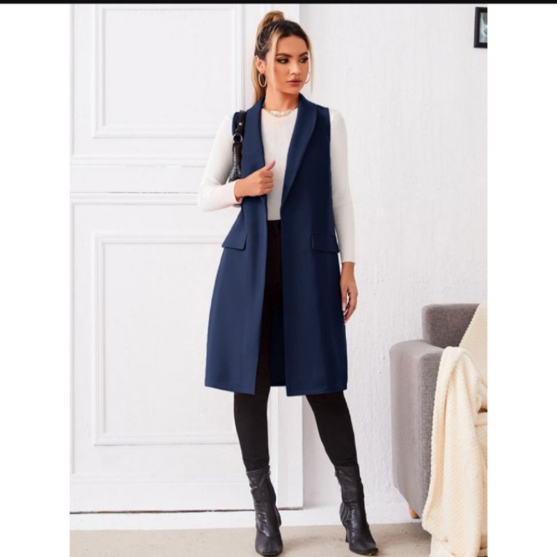 Áo khoác cardigan gile cổ vest dáng dài vnxk women sleeveless coat jacket in navy ghile choàng blazer xuất khẩu dư xịn