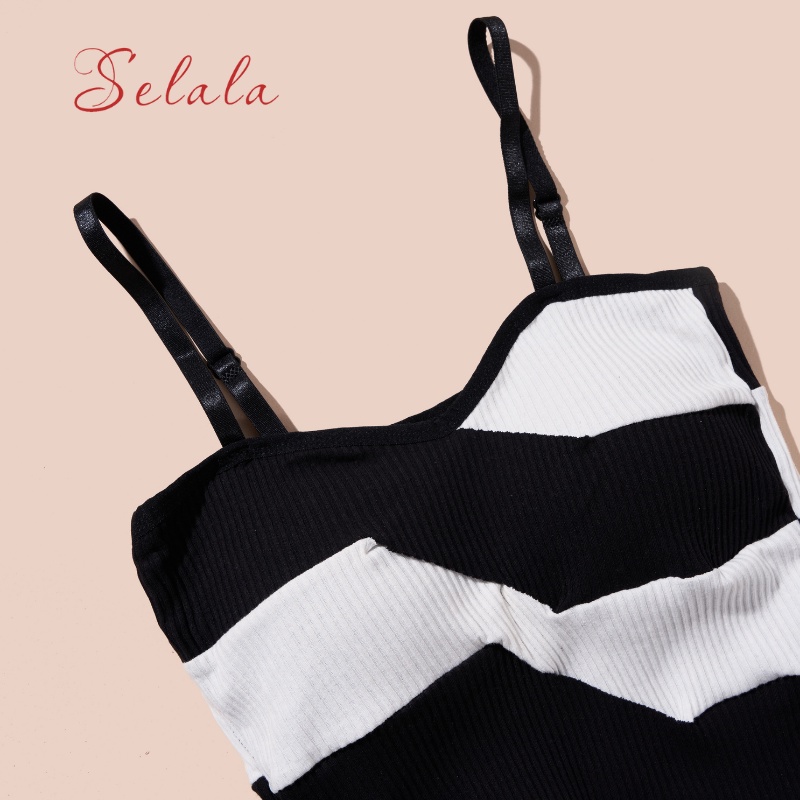 Áo 2 Dây Selala Gân Tăm Phối Sọc Ngang Dáng Ôm Có Sẵn Đếm 2D20