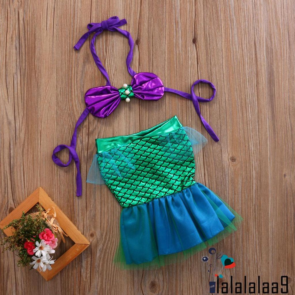 Bộ đồ bơi hai món phong cách nàng tiên cá gồm áo cổ yếm hình vỏ sò + đuôi cá tulle dễ thương cho bé gái