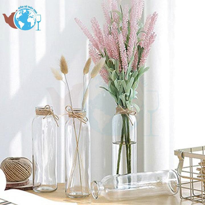 Set 3 lọ hoa decor thủy tinh vuông tròn tam giác / Bình thủy tinh cuốn dây thừng tặng kèm dây trang trí