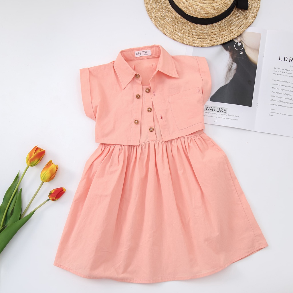 Set đồ bé gái ILABY áo sơ mi kèm váy hai dây chất liệu thô cotton thoáng mát