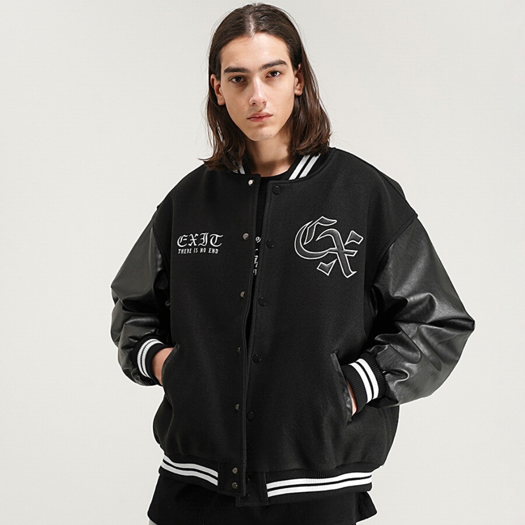 Áo Khoác Varsity Jacket BOM HOUSE Bomber Bóng Chày Basic Nam Nữ Chất Liệu Kaki Phối Tay Da