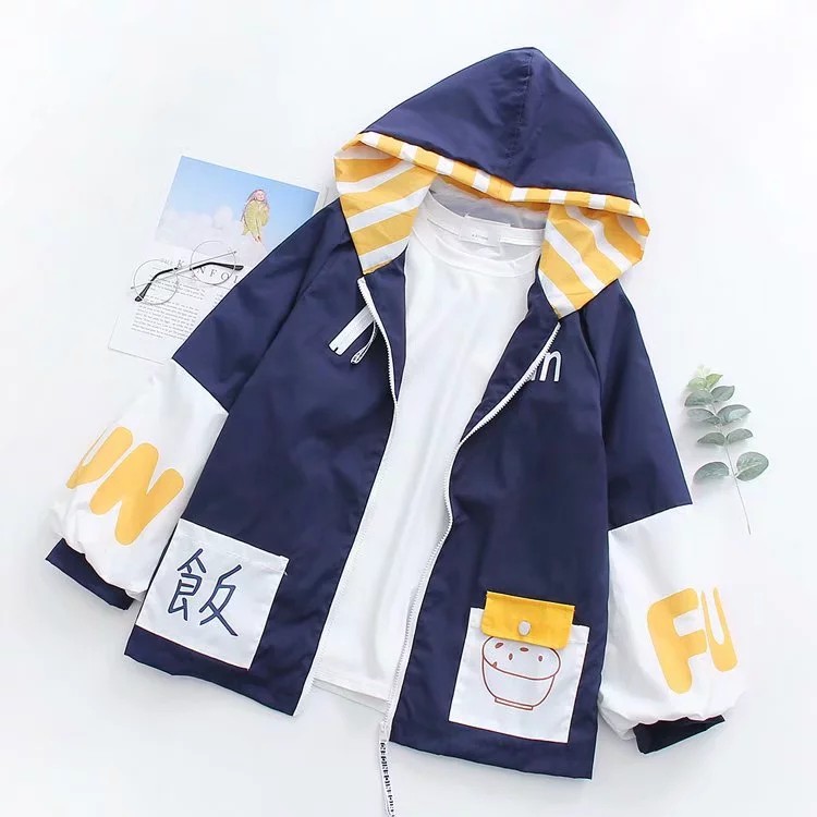 Áo khoác nữ xanh đậm có mũ phối màu chữ Fun