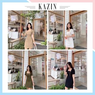 Đầm công sở kazin cổ vuông, thanh lịch, phối nút dọc ngực đầm, đầm công sở dn01