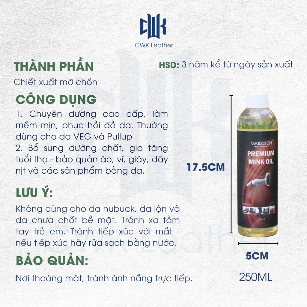 [Chính hãng]-Mink oil (mỡ chồn) dạng dầu nguyên chất dưỡng da Woodson 250ml-Chuyên bảo dưỡng và khôi phục, làm mới đồ da