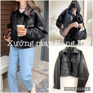 Áo khoác nữ, Áo khoác da nữ croptop form rộng màu đen hot trend, freeship, sale
