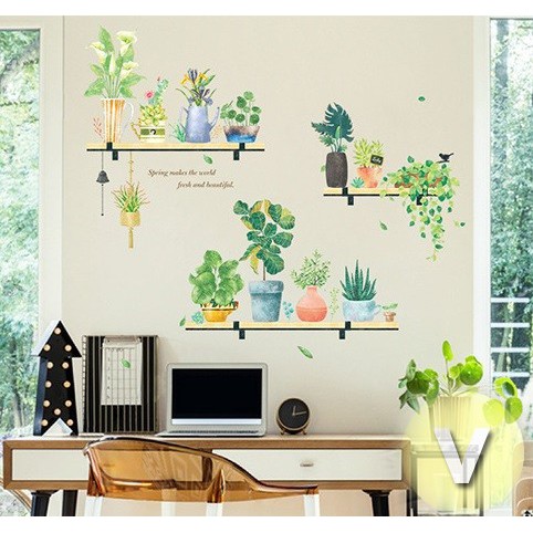 Decal dán tường 3 hàng chậu cây cảnh