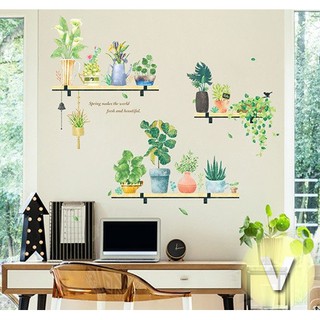 Decal dán tường 3 hàng chậu cây cảnh