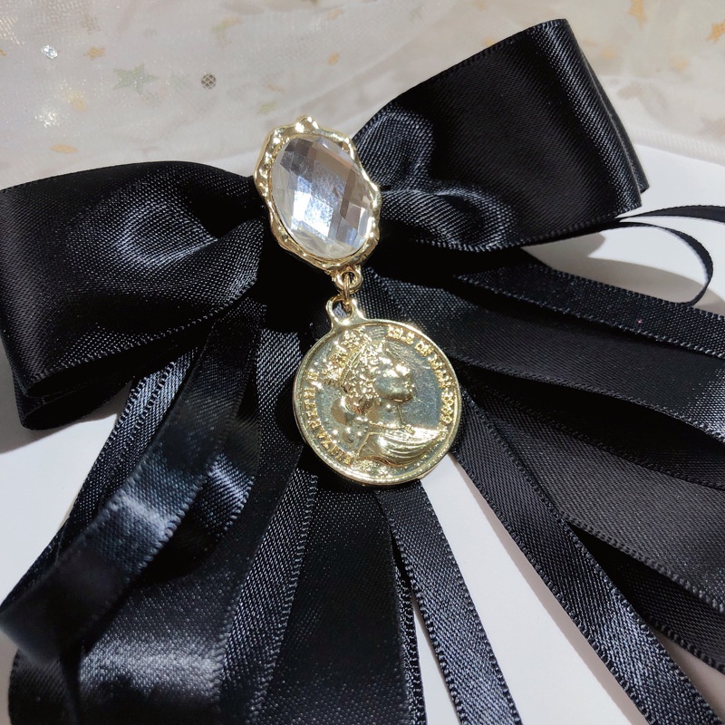 Nơ Cài Cổ Áo Màu Đen Đính Pha Lê Phong Cách Baroque Cổ Điển Kèm Phụ Kiện Cài Áo Cho Nữ