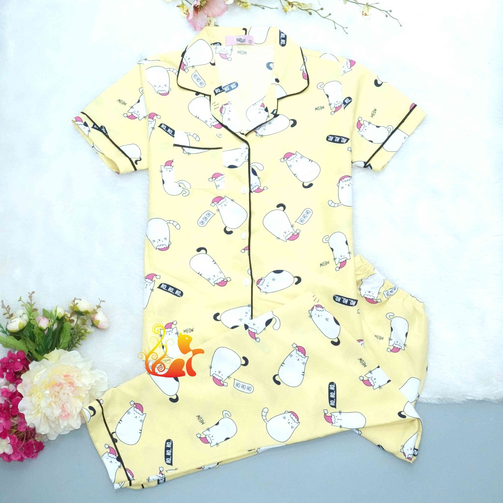 Bộ Đồ Mặc Nhà "Mèo đội mũ" Pijama Kate Thái Quần Dài - Dưới 60kg