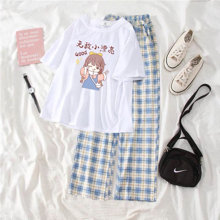 Sét Áo Cô bé good + quần kẻ karo, Áo thun from rộng, mặc cho Nam và nữ chất đẹp, Sét bộ mặc ở nhà - AD