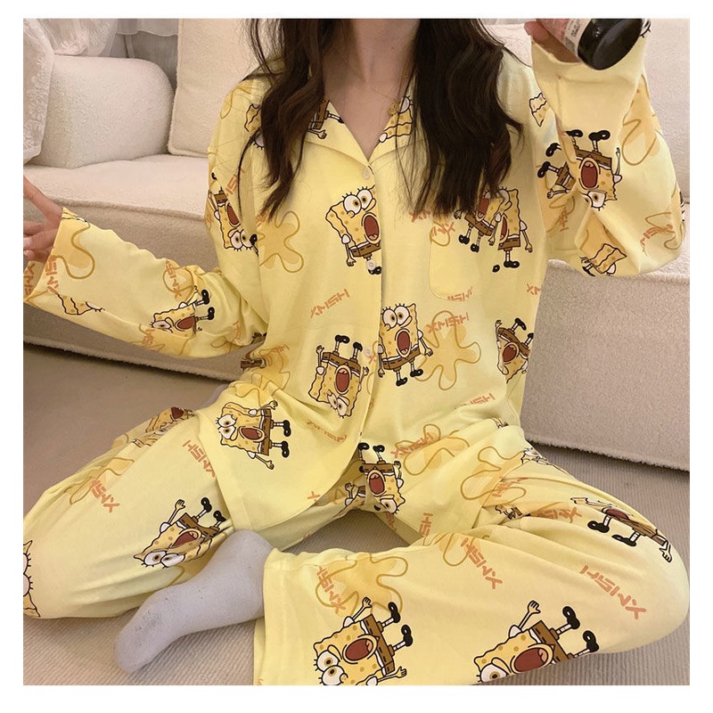 Bộ Đồ Ngủ Tay Dài In Hoạt Hình spongebob Phong Cách Hàn Quốc Cho Nữ