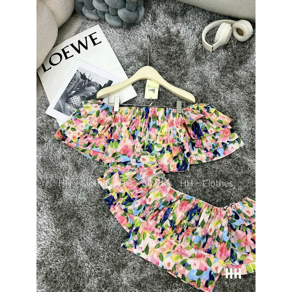 Áo trễ vai hoa nhí nữ croptop tay bồng viền bèo tầng dáng ngắn đi biển ulzzang Hàn Quốc