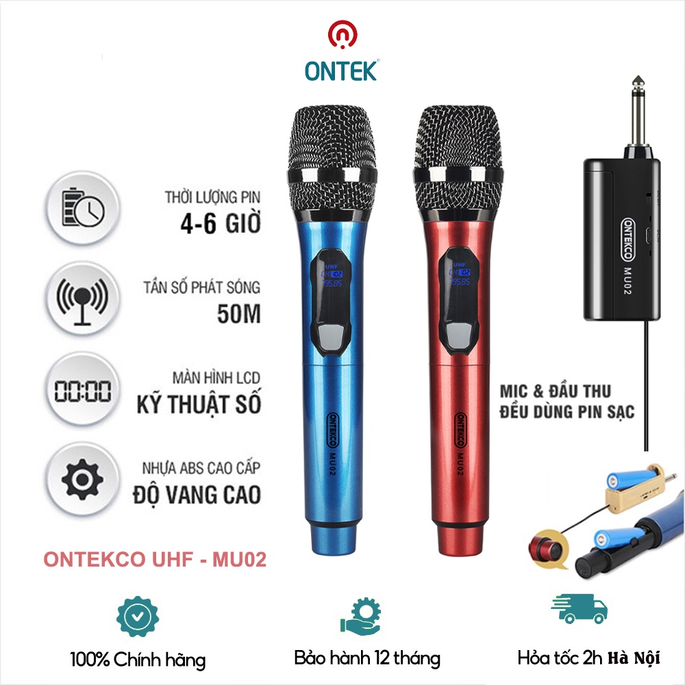 Trọn Bộ 02 Micro Không dây Chính hãng ONTEKCO MU02 màu xanh đỏ pin sạc cao cấp Chuyên dụng hát Karaoke Loa kéo, Amply...