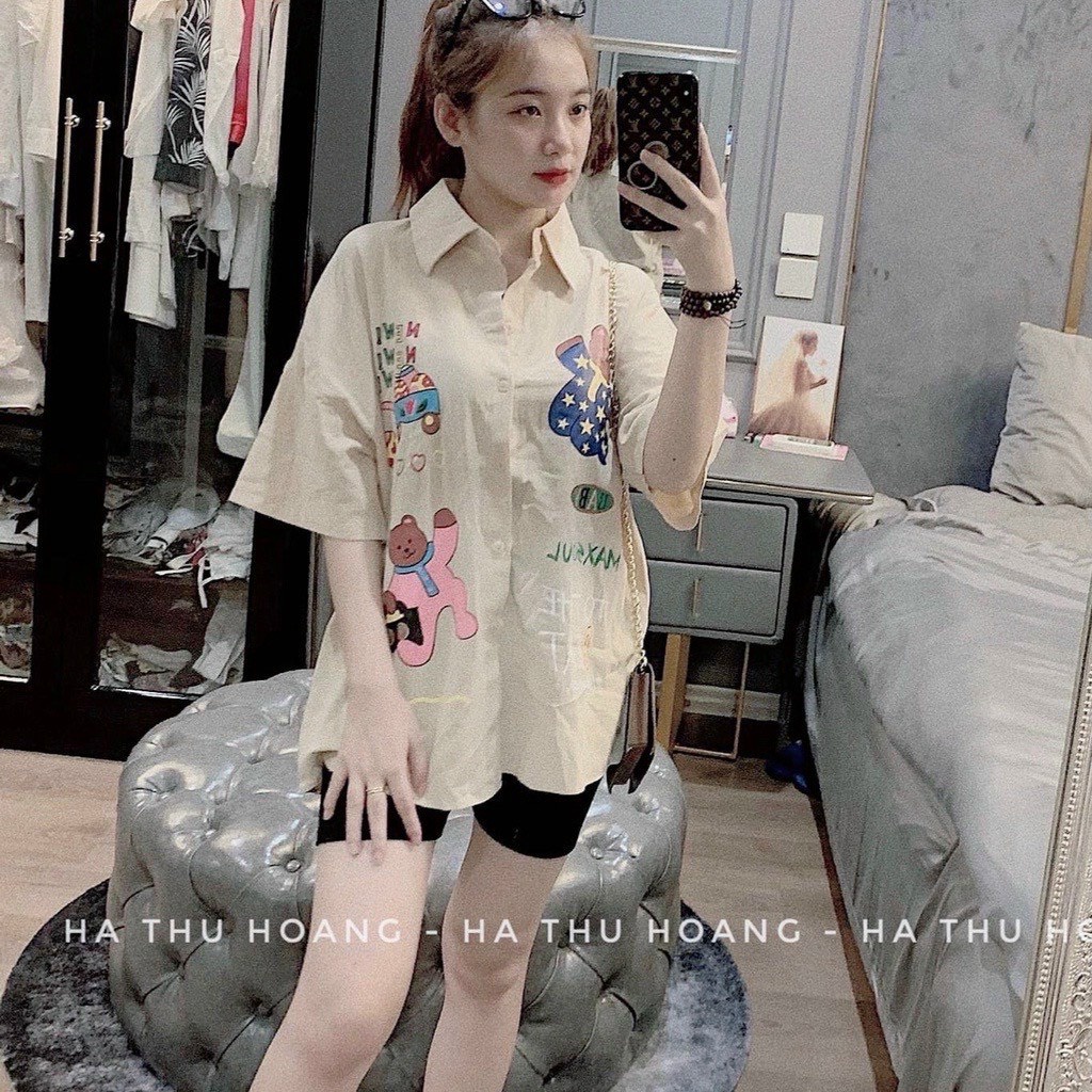 Sét áo sơ mi form rộng in hình hoạt hình phối quần leggin hot hit ( ảnh thật )