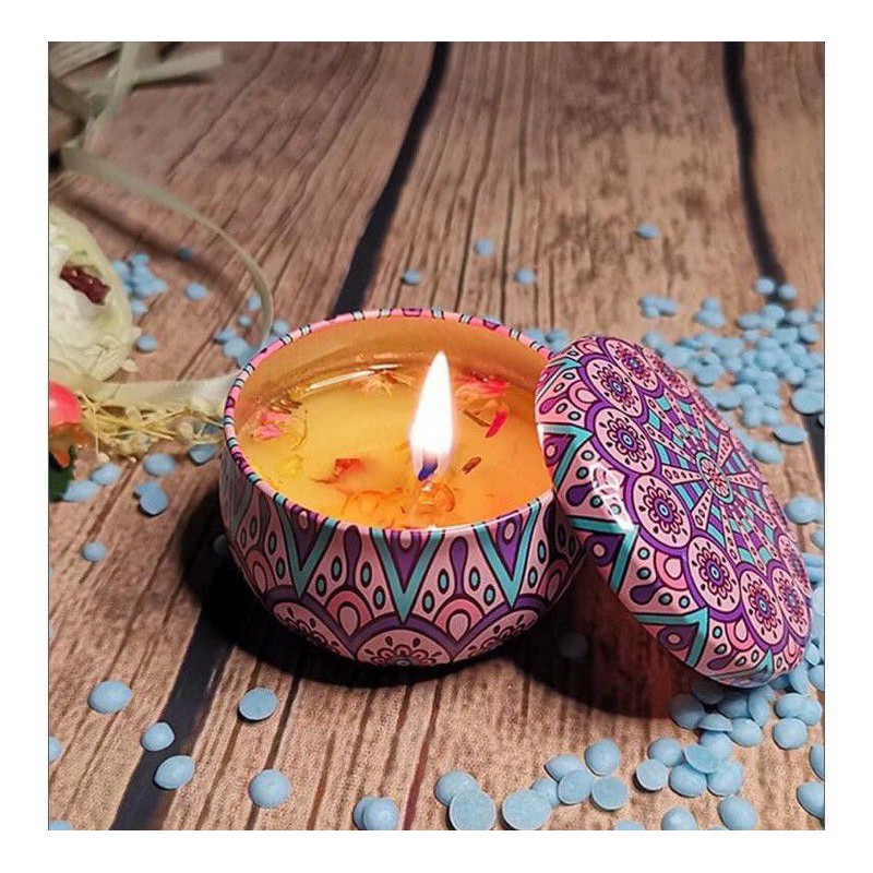 Nến thơm HANDMADE Sáp Cọ Tinh dầu Thiên nhiên kiểu Hộp thiếc vừa tay hoa văn Vintage - 9293store - 9293decorcandle