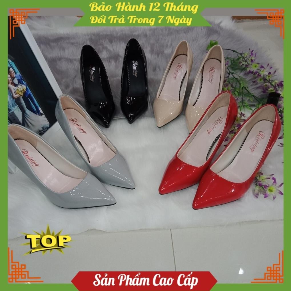 Giày cao gót nữ da bóng mũi nhọn cao 9p tôn dáng, Giày công sở đi chơi dạo phố 🕞
