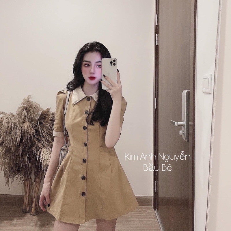 [Hàng Chuẩn] Váy Kaki Cổ Đức Nâu Tay Cộc Túi Bên Siêu Xinh Có Ảnh Thật Kèm Video