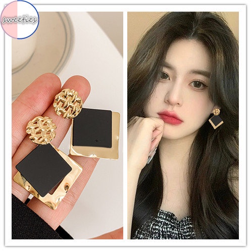 Bông Tai Mạ Bạc 925 Hình Vuông Màu Đen Phong Cách retro Pháp Cho Nữ