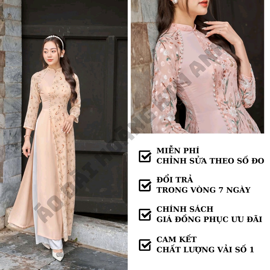 ☁☼❁ÁO DÀI CÁCH TÂN 4 TÀ VON HOA LÓT VẢI LỤA MÀU HỒNG VÀ BE