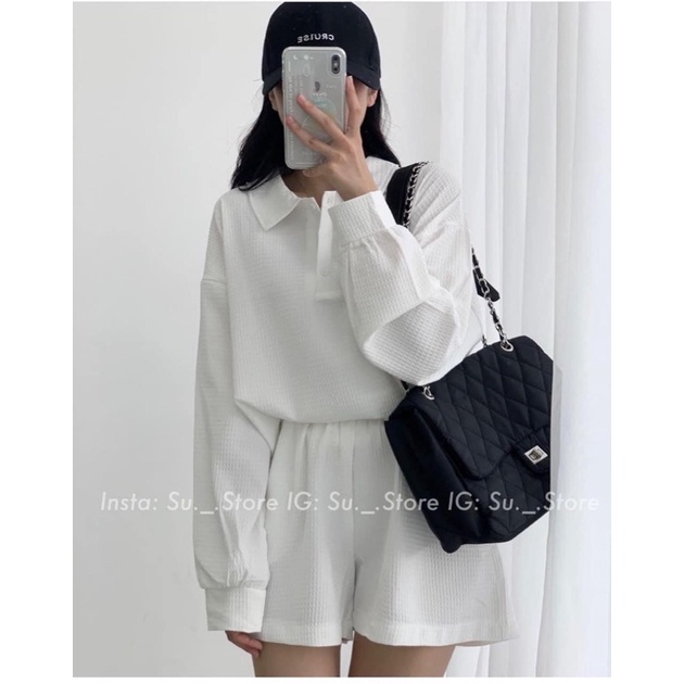 Set Basic Áo Cổ Somi Tay Dài Kèm Quần Short Dáng Năng Động